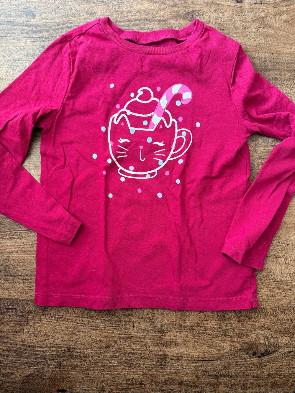 Girls' Pink Holiday Cat Cup Long-Sleeve Top size medium